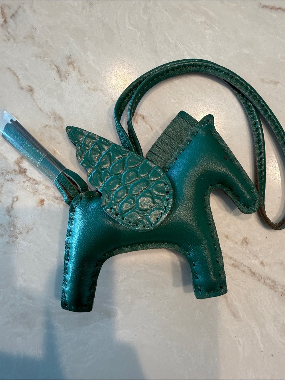 Luxury 100% Handmade Lamb Leather Horse Charm with Green Wing